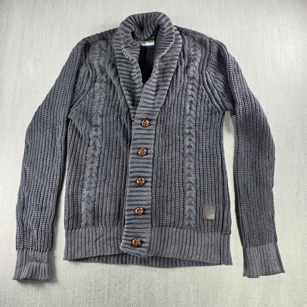Brave Soul Cardigan Mens Medium Gray Cable Knit Shawl Collar Button Up‎ Sweater